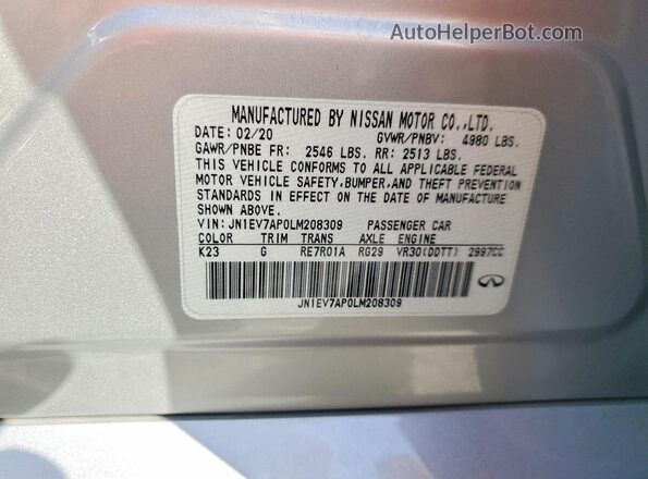 JN1EV7AP0LM208309 2020 INFINITI Q50 Серебряный Вид наклейки с VIN-кодом