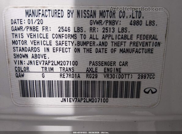 JN1EV7AP2LM207100 2020 INFINITI Q50 White Вид підкапотного простору