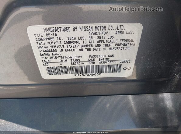 JN1EV7AP6LM203082 2020 INFINITI Q50 Gray Вид підкапотного простору