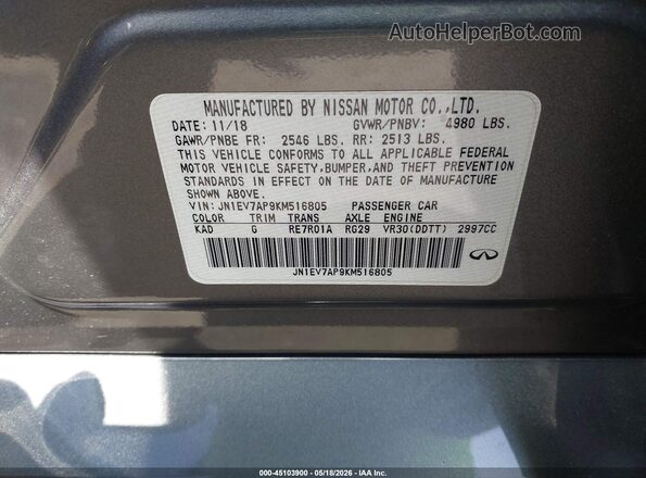 JN1EV7AP9KM516805 2019 INFINITI Q50 Gray Вид підкапотного простору