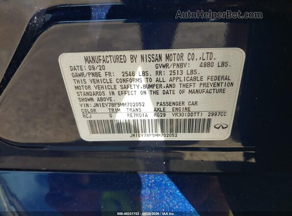JN1EV7BP5MM702052 2021 INFINITI Q50 Blue Vista del compartimento del motor