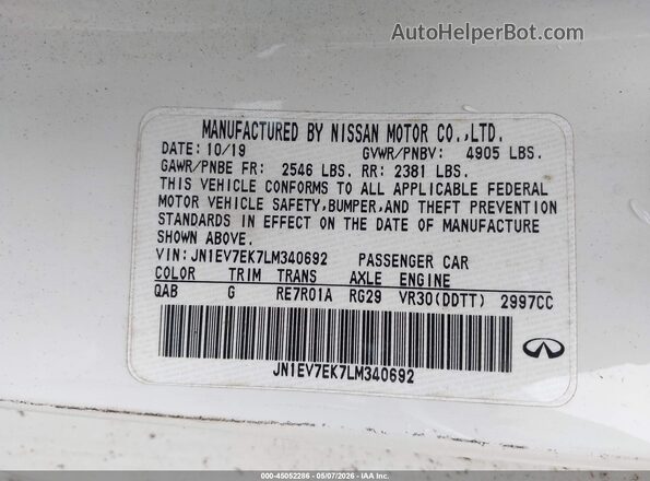 JN1EV7EK7LM340692 2020 INFINITI Q60 White 