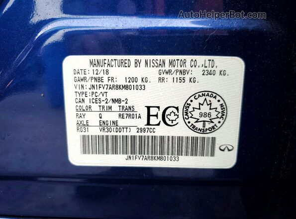 JN1FV7AR8KM801033 2019 INFINITI Q50 Blue 