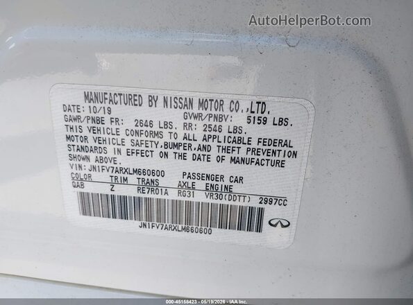 JN1FV7ARXLM660600 2020 INFINITI Q50 White Engine compartment view