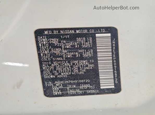 JN8AE2KP6H9168720 2017 NISSAN QUEST White 