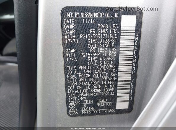 JN8AF5MR0HT702133 2017 NISSAN JUKE Silver Vista del compartimento del motor