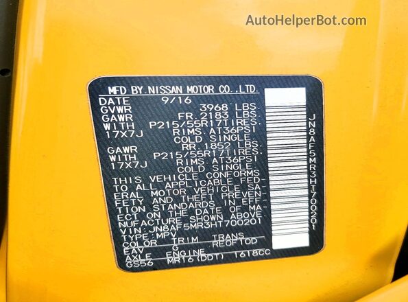 JN8AF5MR3HT700201 2017 NISSAN JUKE Yellow VIN sticker view