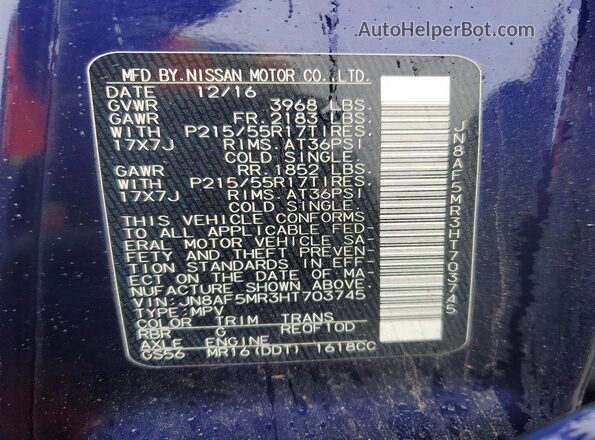 JN8AF5MR3HT703745 2017 NISSAN JUKE Синий Вид наклейки с VIN-кодом