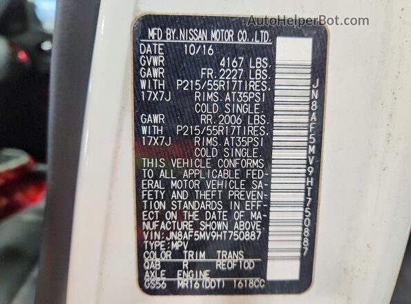 JN8AF5MV9HT750887 2017 NISSAN JUKE White Widok naklejki z numerem VIN