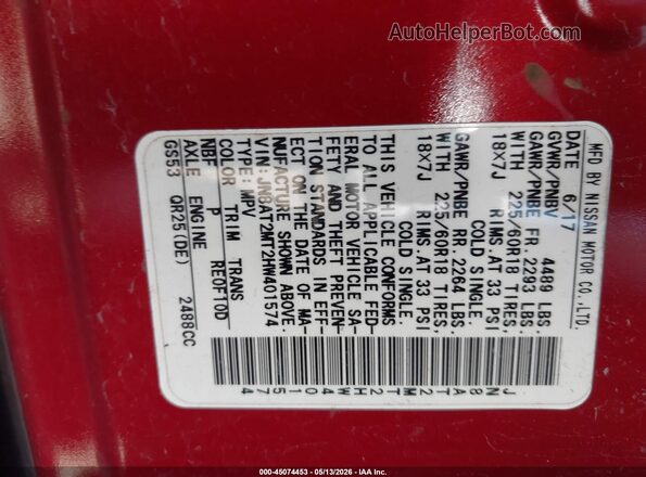 JN8AT2MT2HW401574 2017 NISSAN ROGUE Red Vista del compartimento del motor