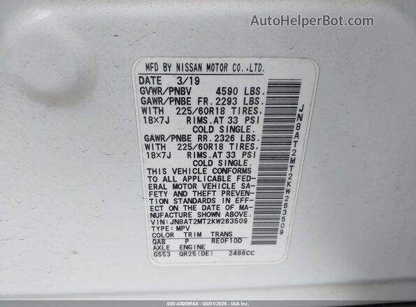 JN8AT2MT2KW263509 2019 NISSAN ROGUE White Vista del compartimento del motor