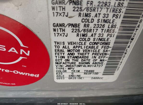 JN8AT2MT4LW014727 2020 NISSAN ROGUE Серебряный Вид подкапотного пространства