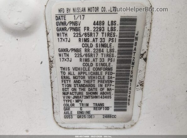 JN8AT2MT5HW143485 2017 NISSAN ROGUE White Engine compartment view