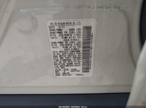JN8AT2MT5HW149545 2017 NISSAN ROGUE White Engine compartment view