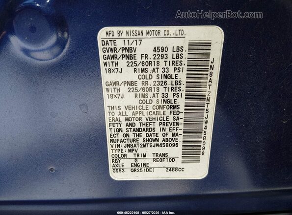 JN8AT2MT5JW458096 2018 NISSAN ROGUE Blue Engine compartment view