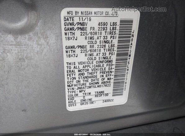 JN8AT2MT5LW017622 2020 NISSAN ROGUE Gray Vista del compartimento del motor