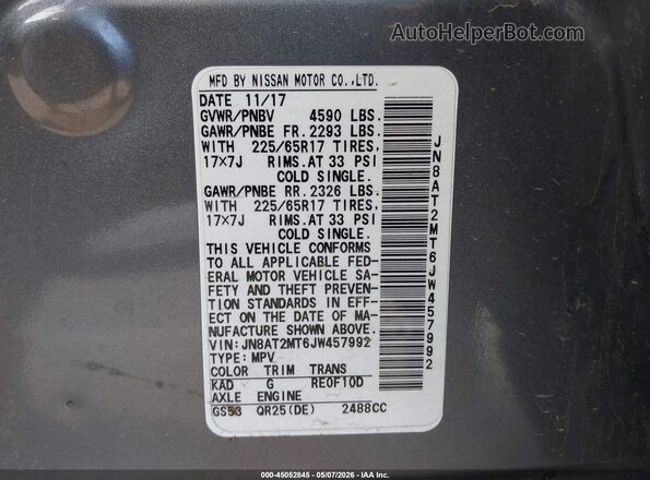 JN8AT2MT6JW457992 2018 NISSAN ROGUE Gray Engine compartment view
