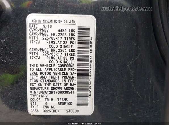 JN8AT2MT7GW030541 2016 NISSAN ROGUE Black Engine compartment view