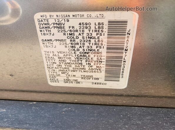 JN8AT2MT7LW035653 2020 NISSAN ROGUE Silver Вид наклейки з VIN-кодом