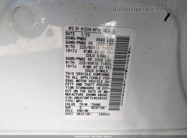 JN8AT2MT7LW039203 2020 NISSAN ROGUE White ძრავის განყოფილების ხედი