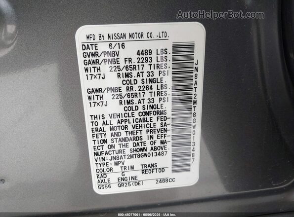 JN8AT2MT8GW013487 2016 NISSAN ROGUE Gray Vista del compartimento del motor