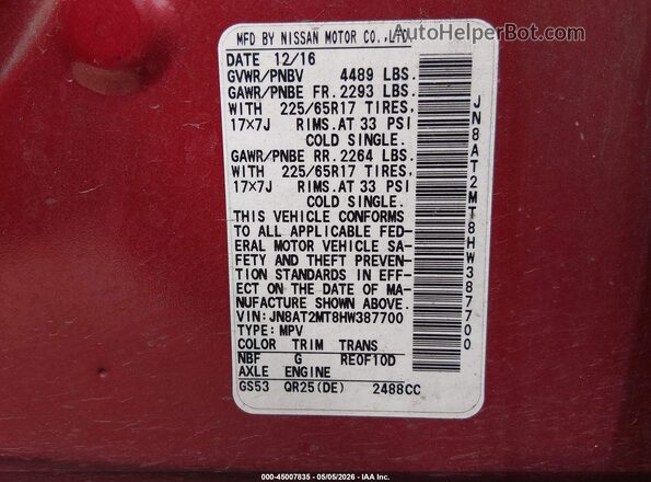 JN8AT2MT8HW387700 2017 NISSAN ROGUE Red Vista del compartimento del motor