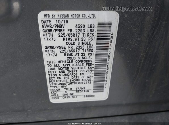 JN8AT2MT8LW017372 2020 NISSAN ROGUE Gray Вид підкапотного простору