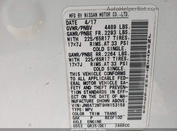 JN8AT2MT9HW153159 2017 NISSAN ROGUE White Շարժիչի բաժամունքի տեսք