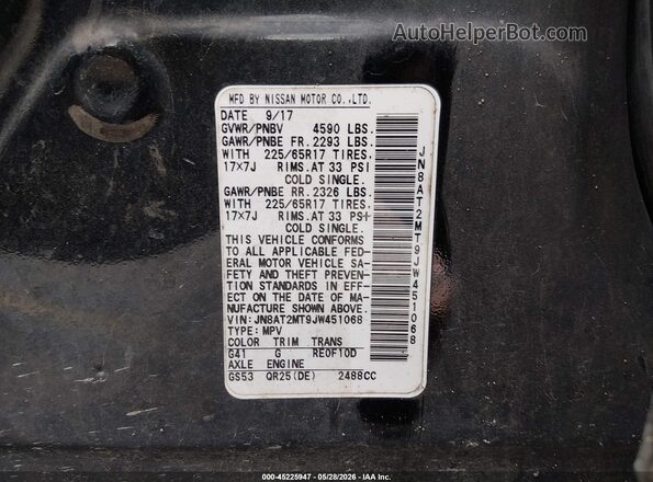 JN8AT2MT9JW451068 2018 NISSAN ROGUE Black Engine compartment view