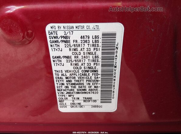 JN8AT2MV0HW267620 2017 NISSAN ROGUE Red Engine compartment view