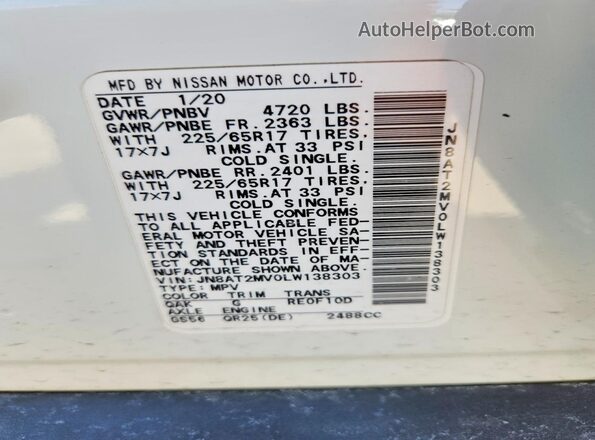 JN8AT2MV0LW138303 2020 NISSAN ROGUE Белый Вид наклейки с VIN-кодом