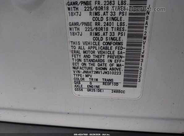 JN8AT2MV1JW310223 2018 NISSAN ROGUE White Vista del compartimento del motor