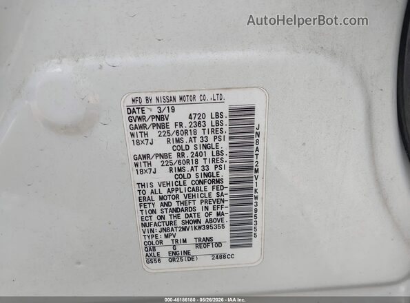 JN8AT2MV1KW395355 2019 NISSAN ROGUE White ძრავის განყოფილების ხედი