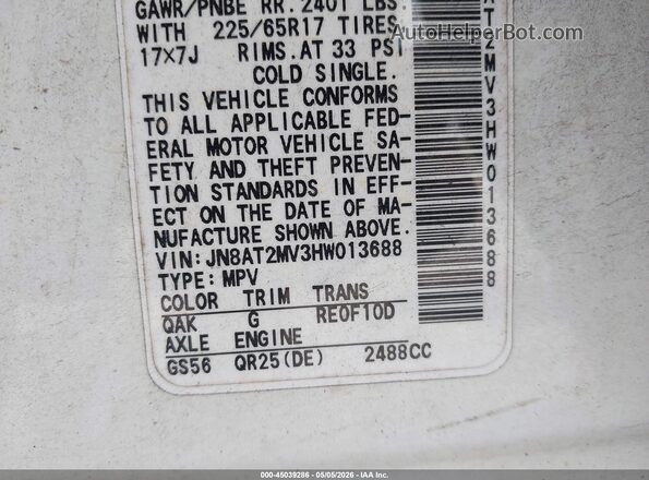 JN8AT2MV3HW013688 2017 NISSAN ROGUE White 