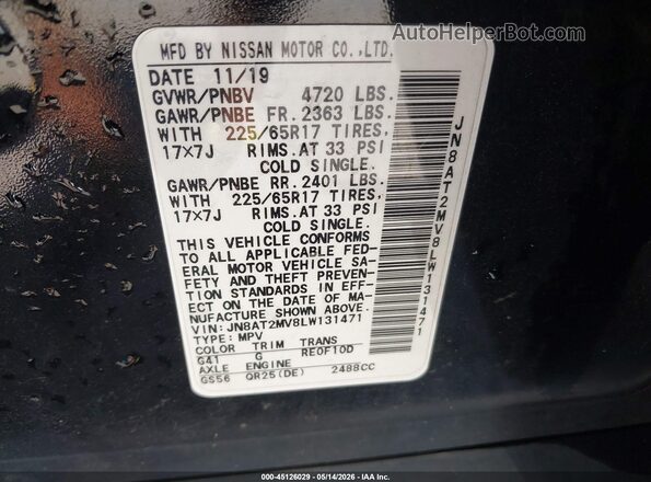 JN8AT2MV8LW131471 2020 NISSAN ROGUE Black Engine compartment view