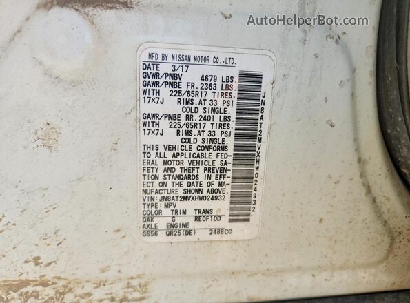 JN8AT2MVXHW024932 2017 NISSAN ROGUE White VIN կոդի պիտակի տեսք