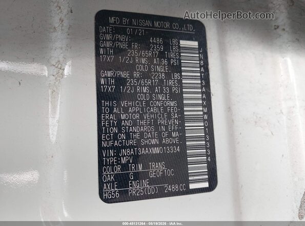 JN8AT3AAXMW013334 2021 NISSAN ROGUE White Շարժիչի բաժամունքի տեսք