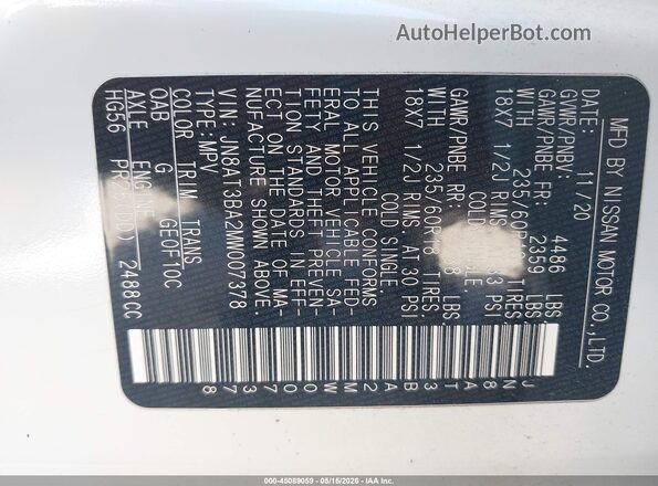 JN8AT3BA2MW007378 2021 NISSAN ROGUE White ძრავის განყოფილების ხედი