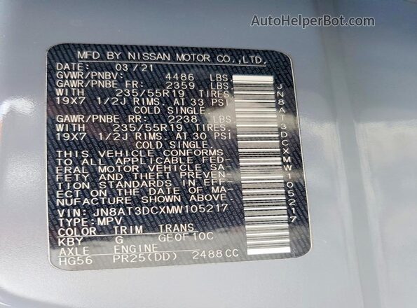 JN8AT3DCXMW105217 2021 NISSAN ROGUE Gray 