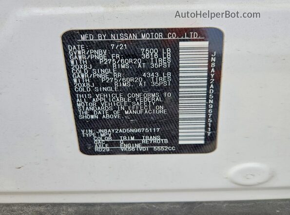 JN8AY2AD5N9675117 2022 NISSAN ARMADA White 