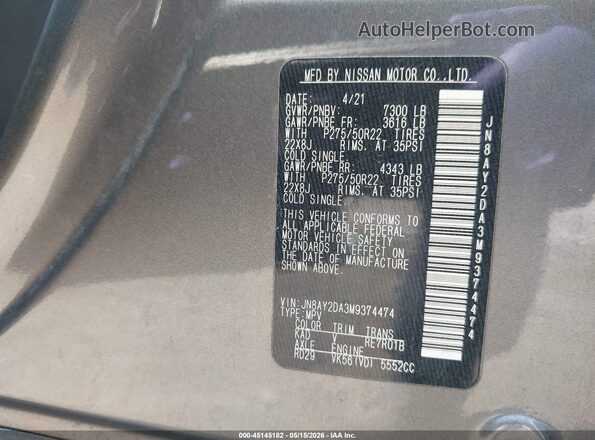 JN8AY2DA3M9374474 2021 NISSAN ARMADA Gray 