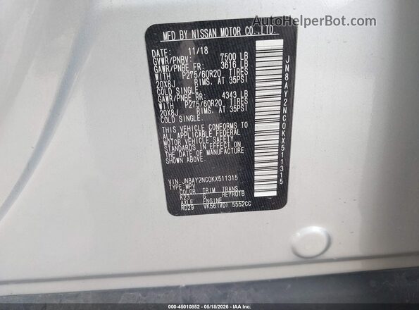 JN8AY2NC0KX511315 2019 NISSAN ARMADA Silver Widok komory silnika