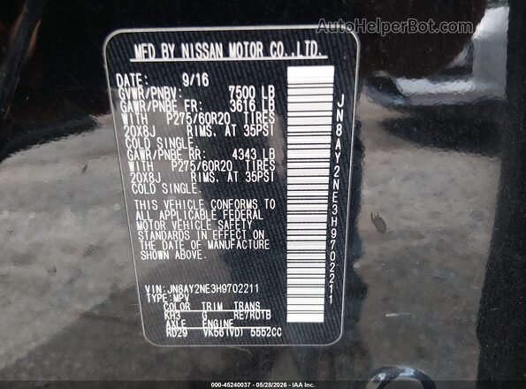 JN8AY2NE3H9702211 2017 NISSAN ARMADA Black Vista del compartimento del motor