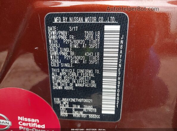JN8AY2NE7H9706021 2017 NISSAN ARMADA Brown Widok komory silnika