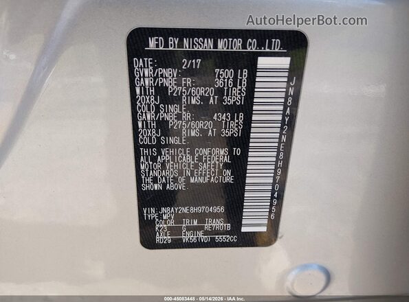 JN8AY2NE8H9704956 2017 NISSAN ARMADA Silver 