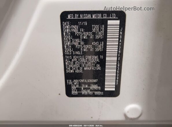 JN8AY2NFXL9360967 2020 NISSAN ARMADA Белый Вид подкапотного пространства