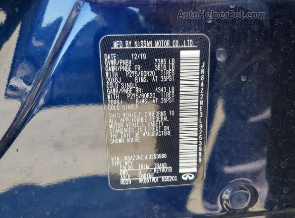 JN8AZ2NE3L9253988 2020 INFINITI QX80 Blue Вид наклейки з VIN-кодом