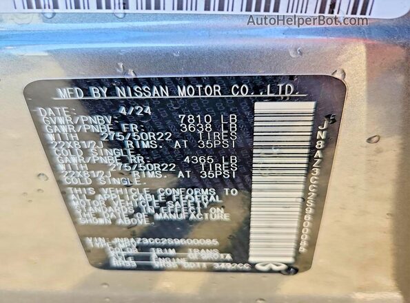 JN8AZ3CC2S9600085 2025 INFINITI QX80 Gray Vista de la etiqueta del VIN