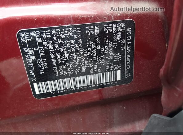 JN8BT3BA1PW012872 2023 NISSAN ROGUE Burgundy Շարժիչի բաժամունքի տեսք