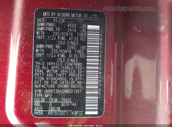 JN8BT3BA5RW001361 2024 NISSAN ROGUE Red Вид підкапотного простору